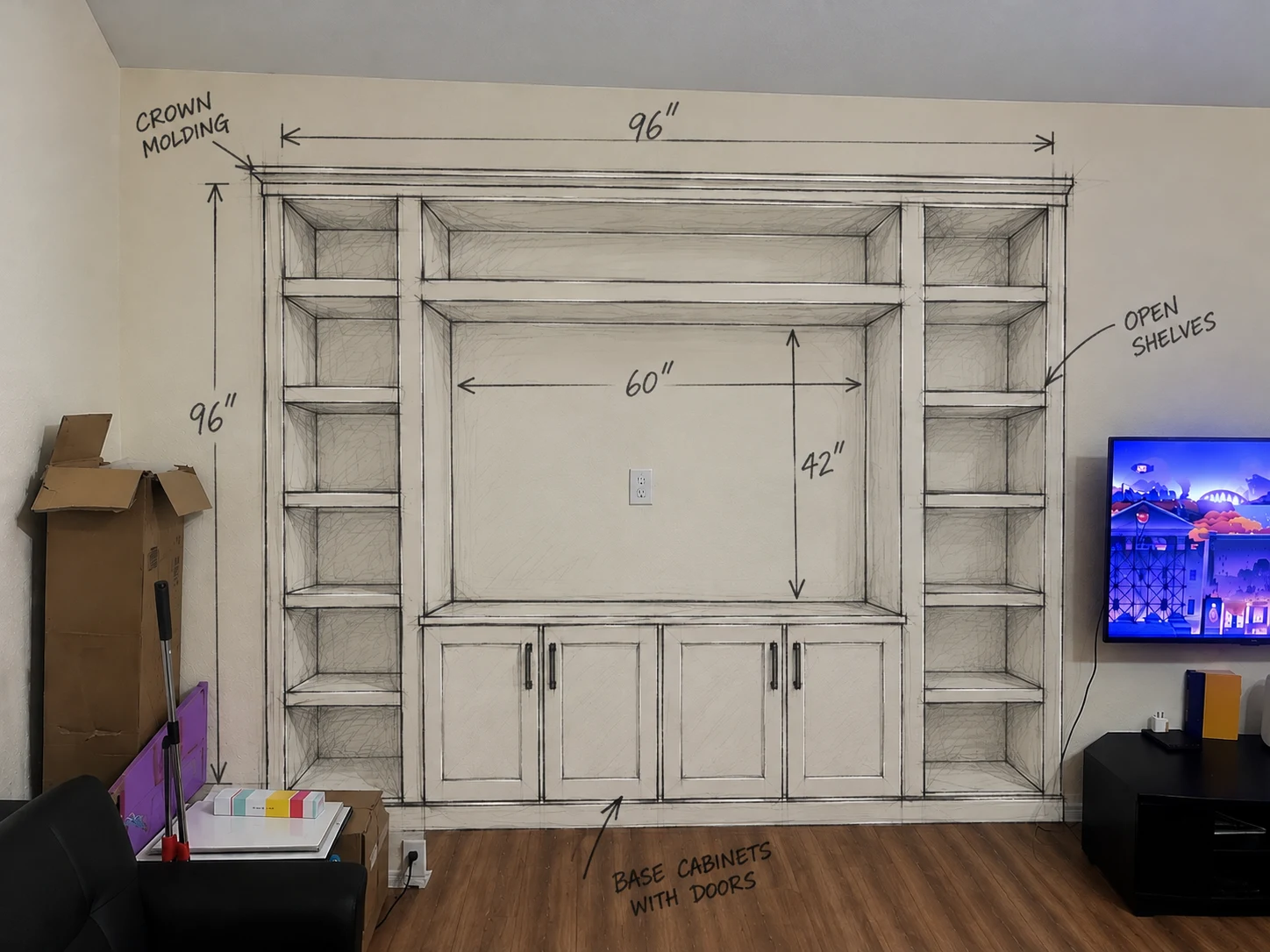 Before: a measured design sketch showing the planned custom shelves, TV opening and base cabinets